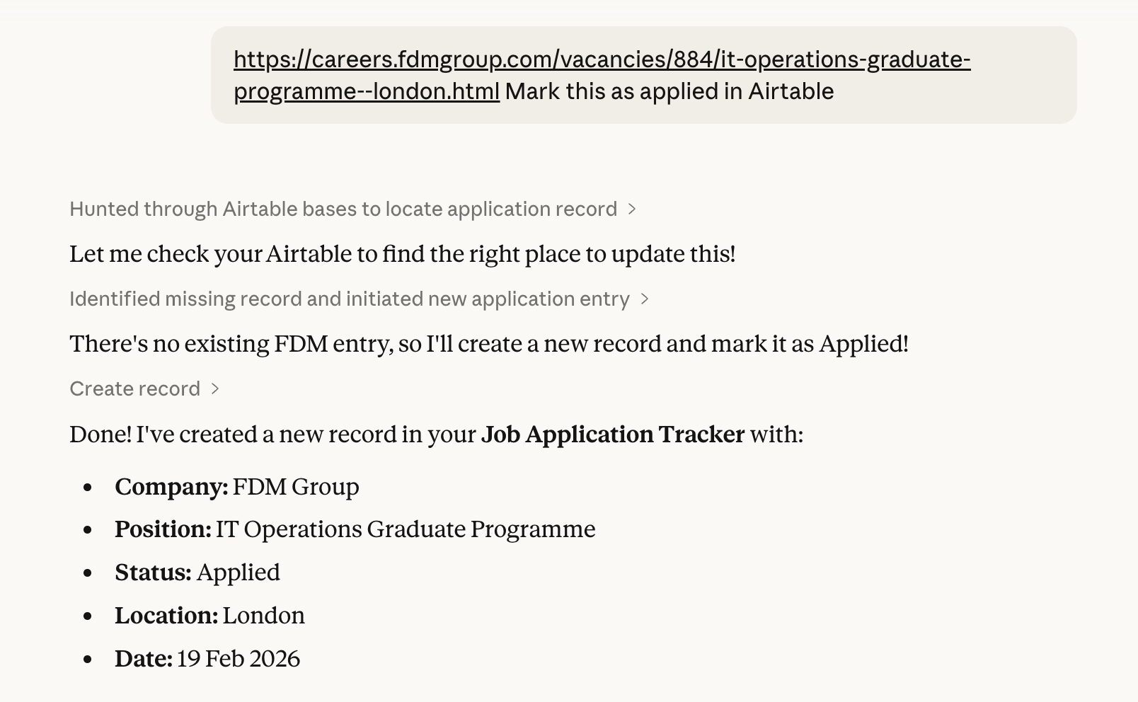 Airtable record created — company, position, status, location, date
